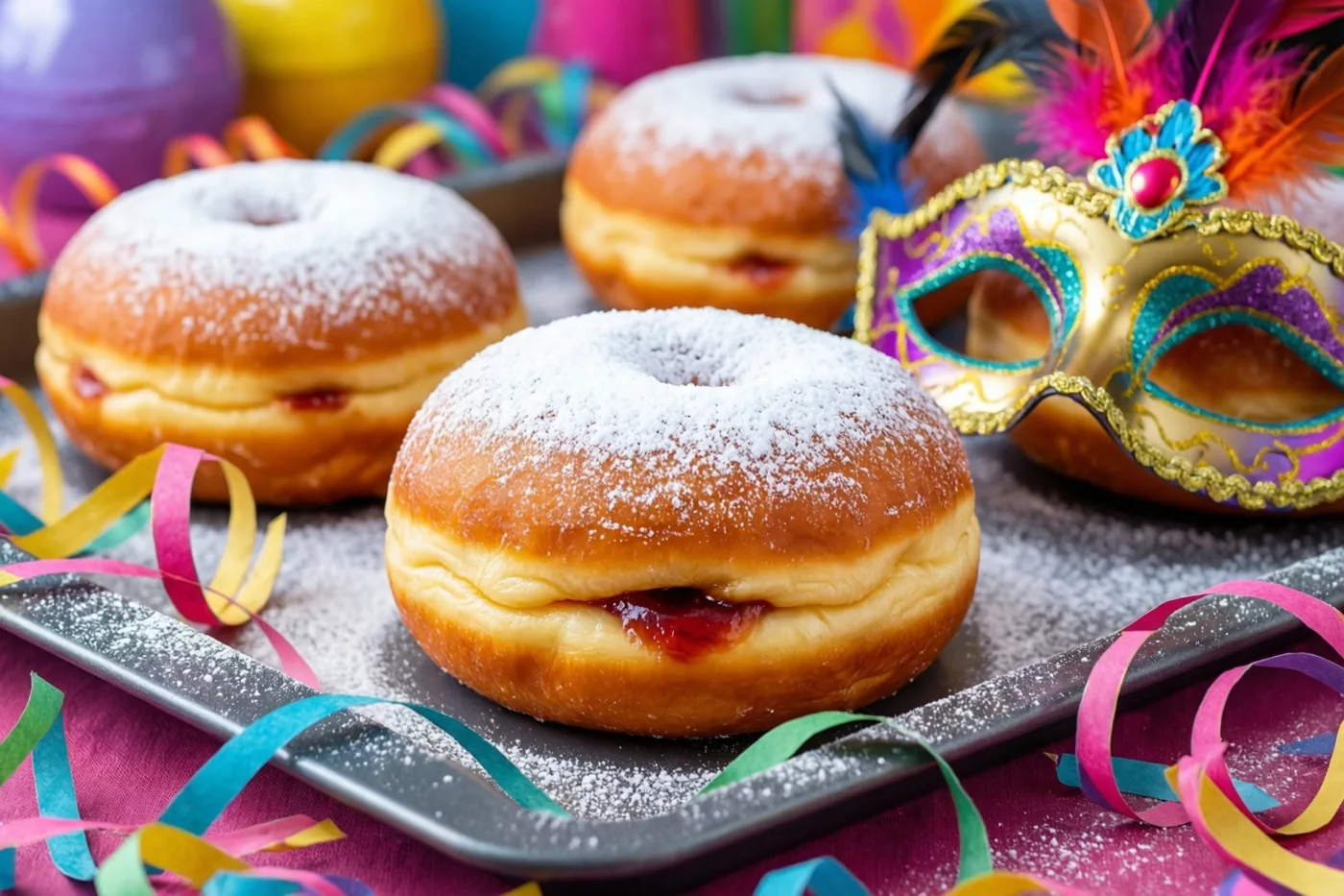 Drie met confituur gevulde donuts met bloemsuiker liggen op een donkere bakplaat tussen gekleurde papieren slingers en een verenmasker, met vooral paars, goud en rood.