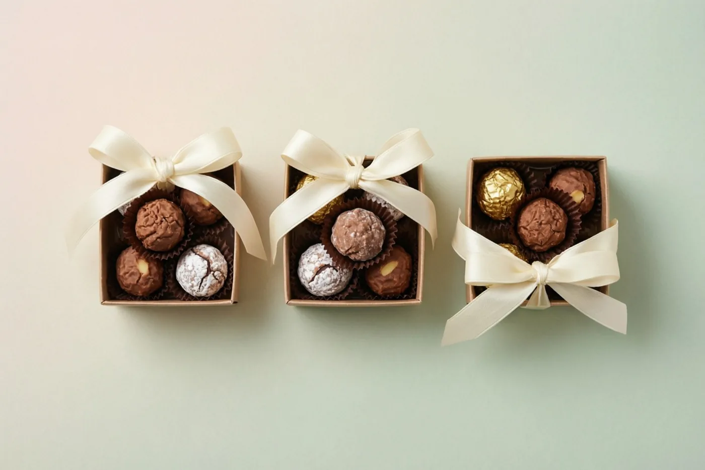 Drie open doosjes met verschillende Belgische pralines en ivoorkleurige linten staan tegen een achtergrond met zachtroze en mintgroene kleurverlopen.
