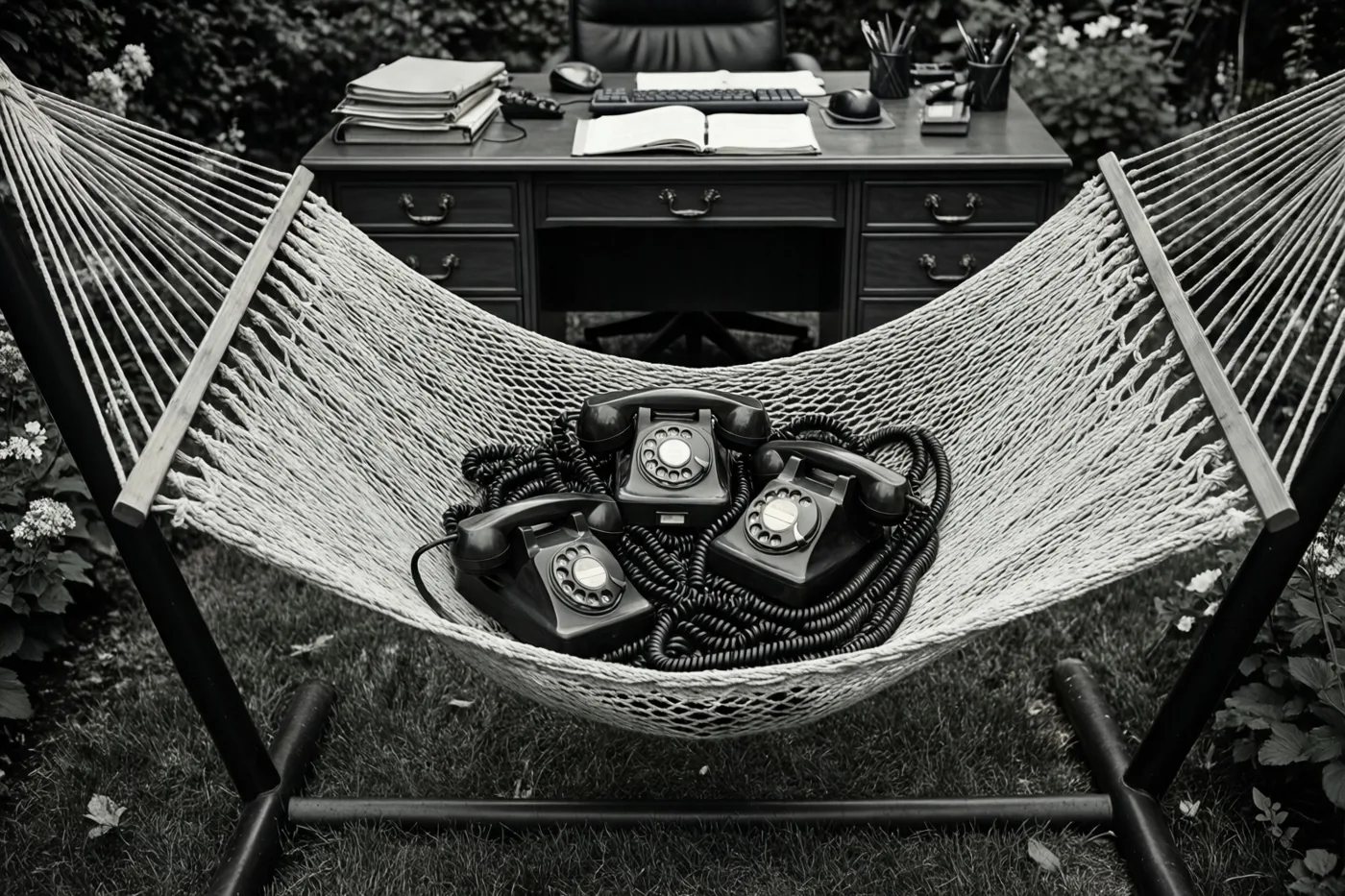Op een zwart-witfoto zitten drie oude draaischijftelefoons verstrikt in een geweven hangmat in een grastuin, met een bureau, een stoel en kantoorbenodigdheden op de achtergrond.