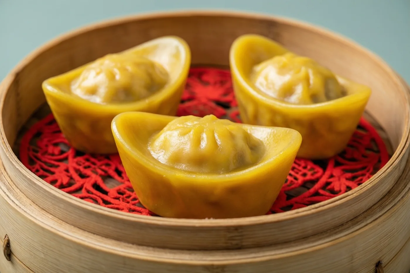 Drie dumplings in de vorm van goudstaven liggen in een bamboe stoommandje met een rood siermatje, tegen een zachtblauwe achtergrond.