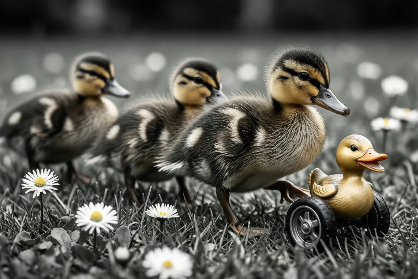 Drie eendjes volgen een speelgoedeend op wielen over een gazon met madeliefjes, waarbij de eendjes en bloemen hun natuurlijke kleuren behouden tegen een kleurarme achtergrond.