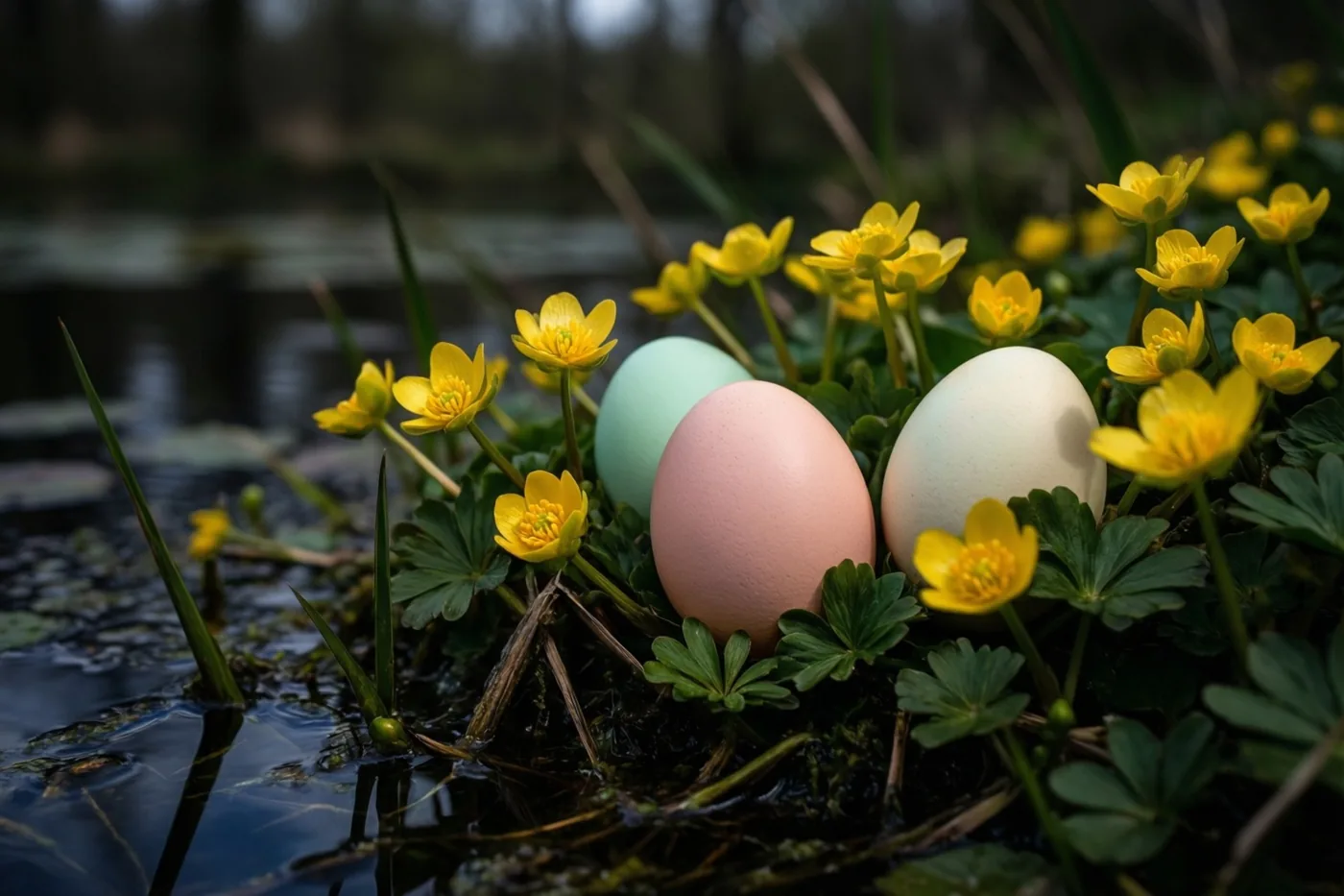 Drie pastelkleurige eieren liggen tussen gele dotterbloemen en groen loof aan de donkere waterkant van een vijver.