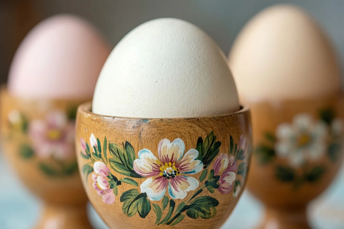 Drie pastelkleurige eieren staan in handbeschilderde houten eierdopjes met bloemmotieven, waarbij het middelste dopje met een crèmewit ei scherp afsteekt tegen de onscherpe achtergrond.
