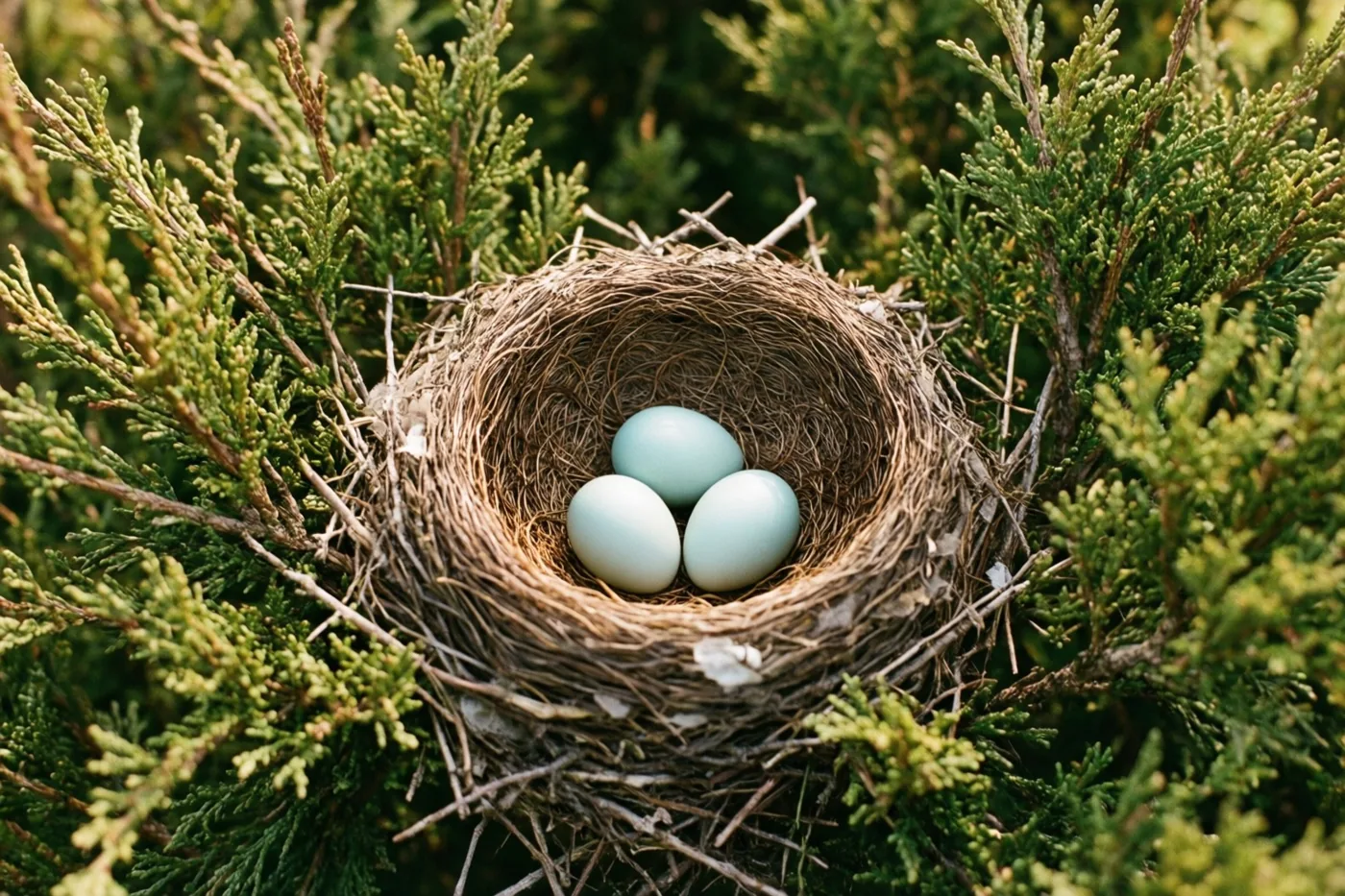 Een vogelnest van takjes met drie lichtblauwe eieren ligt verscholen in een dichte groene haag.
