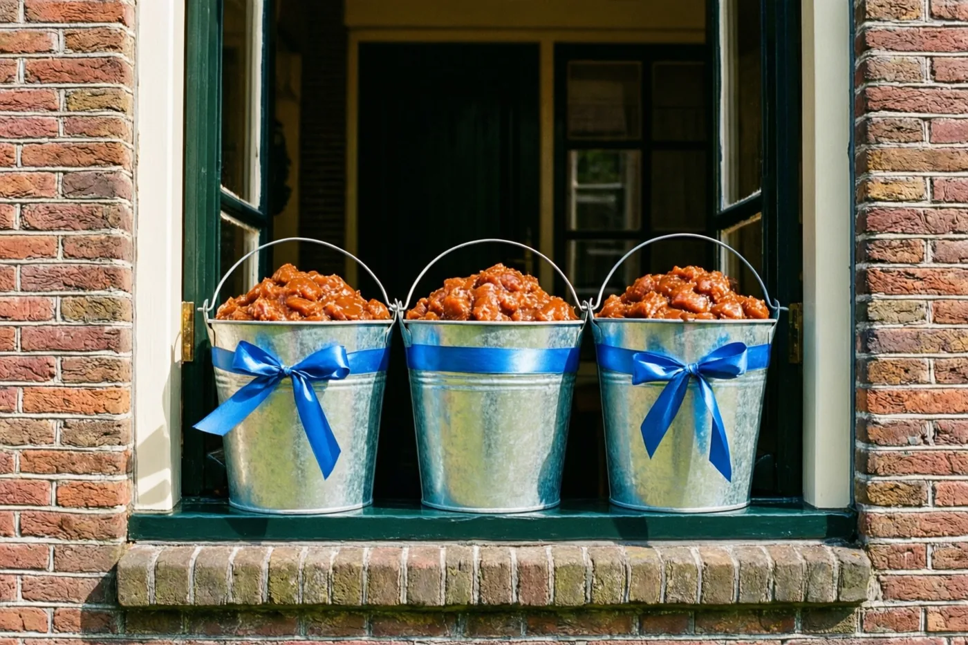 Drie verzinkte metalen emmertjes met doopsuiker en blauwe linten staan op de vensterbank van een bakstenen huis in helder licht.