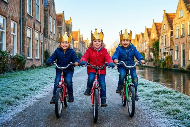 Drie kinderen met gouden papieren kronen fietsen over een berijpt kanaalpad langs oude bakstenen huizen, in een helder beeld met rood, blauw en goud.