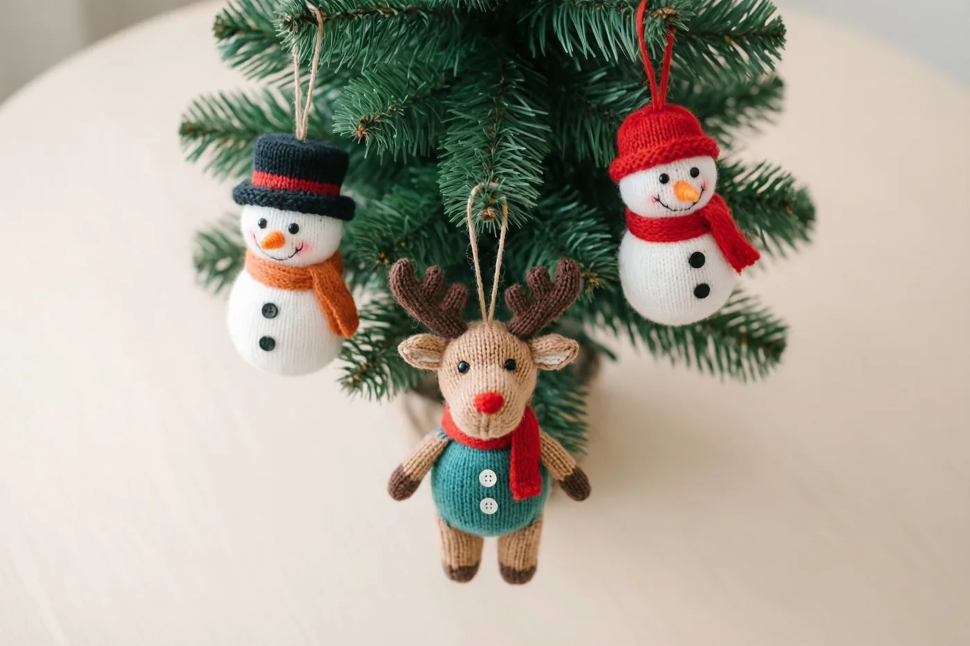 Een gebreid rendier en twee gebreide sneeuwmannen hangen in een kleine groene kerstboom tegen een licht houten achtergrond.