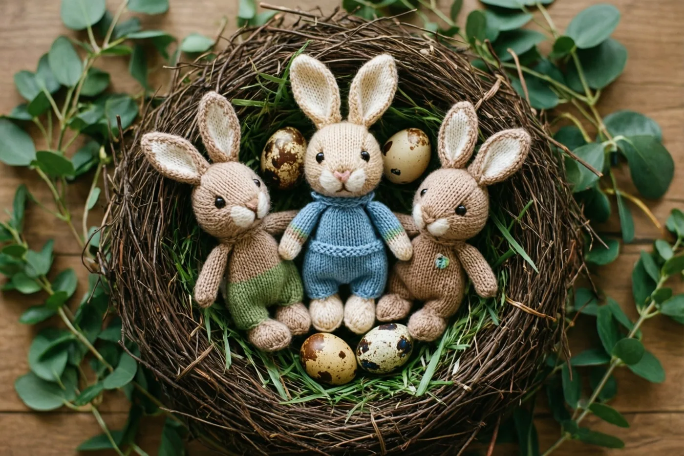 Drie gebreide speelgoedkonijntjes zitten in een gevlochten vogelnest met groen gras en gespikkelde eieren op een houten ondergrond tussen groen gebladerte.
