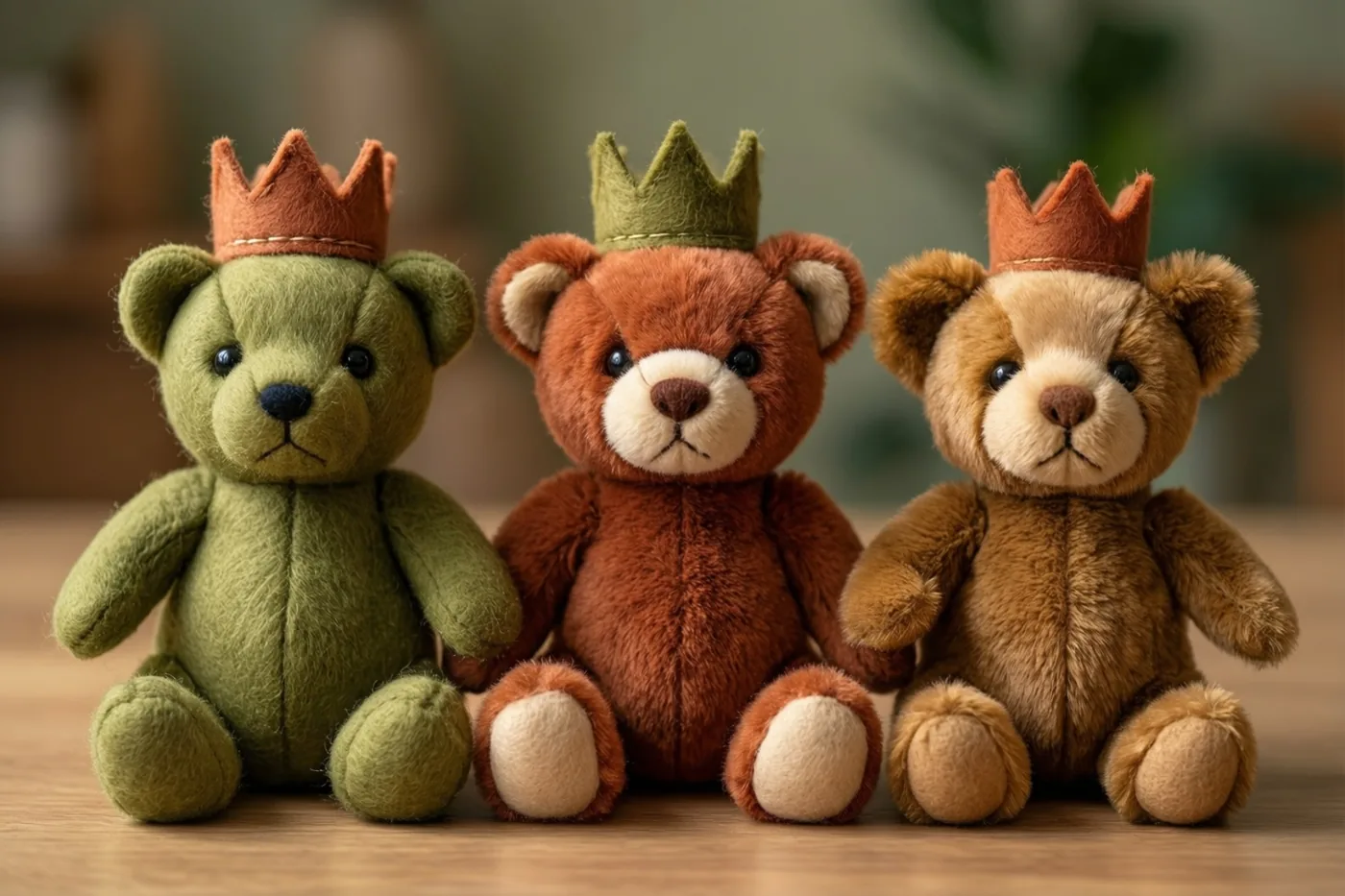 Een groene, een bruine en een lichtbruine knuffelbeer zitten naast elkaar op een houten ondergrond, elk met een kleine vilten kroon.