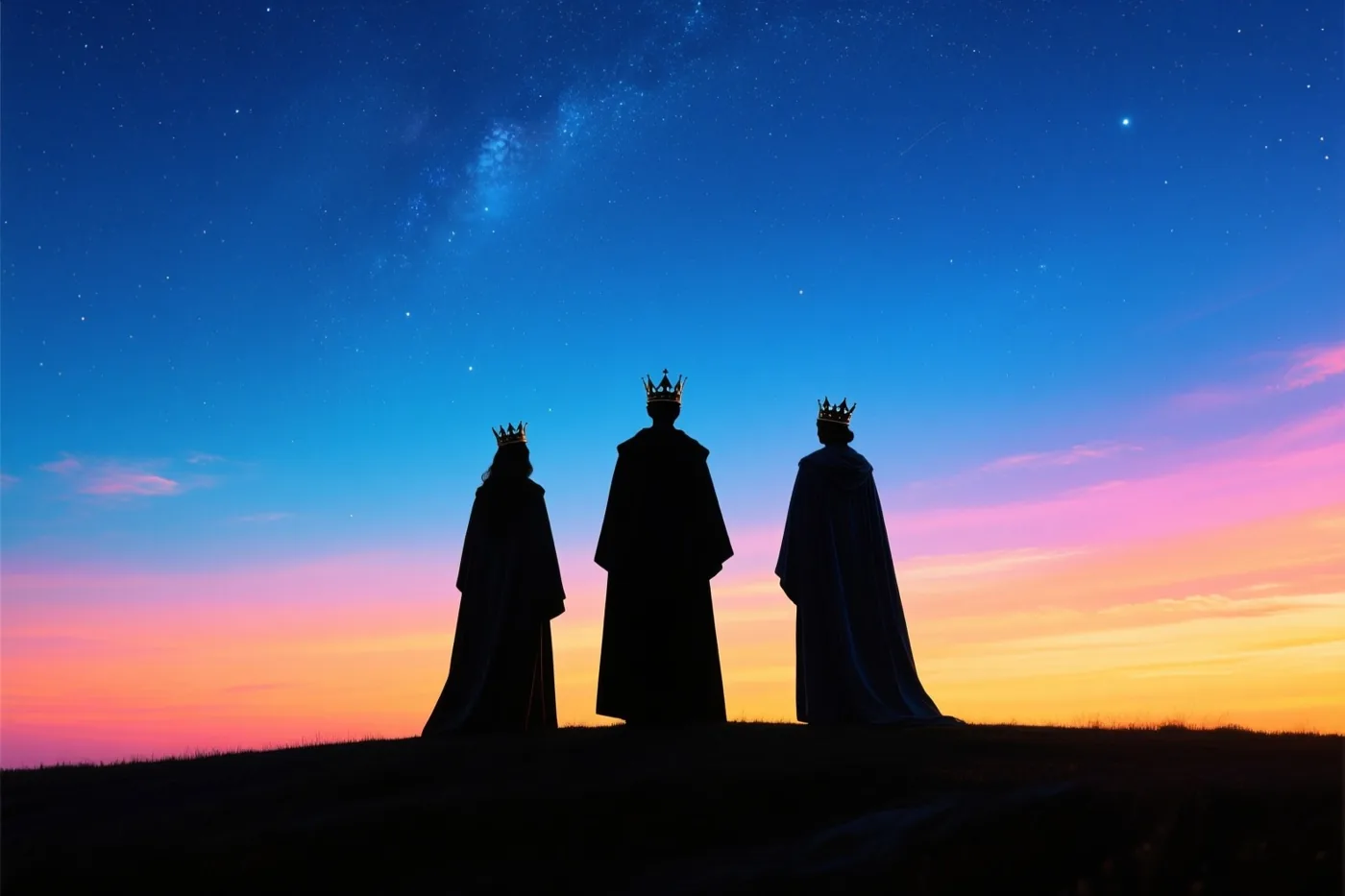 Drie silhouetten met lange gewaden en kronen staan op een heuvel onder een sterrenhemel die van diepblauw overgaat in roze en oranje.