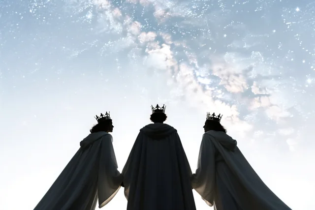 Drie silhouetten met lange gewaden en kronen staan naast elkaar en kijken omhoog naar een sterrenhemel in blauwe en witte tinten.