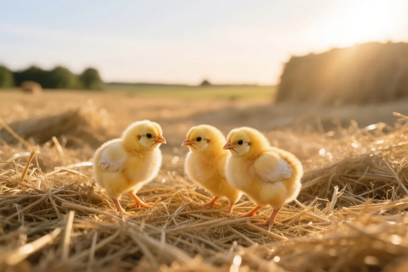 Drie gele kuikentjes staan op zacht stro in een zonnig veld, met hooibalen en bomen wazig op de achtergrond.