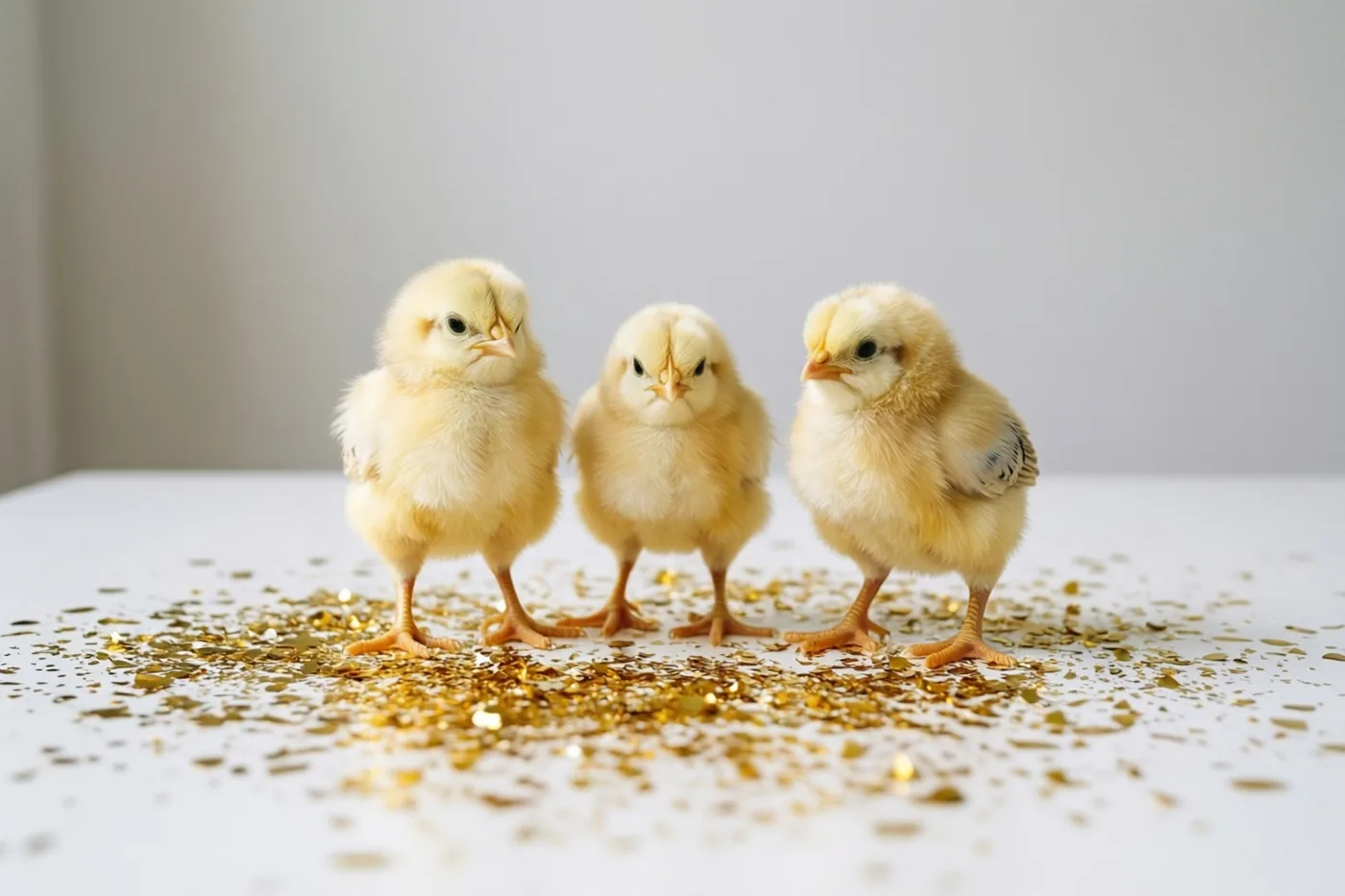 Drie donzige gele kuikens staan op een witte ondergrond met gouden confetti tegen een effen witte achtergrond.
