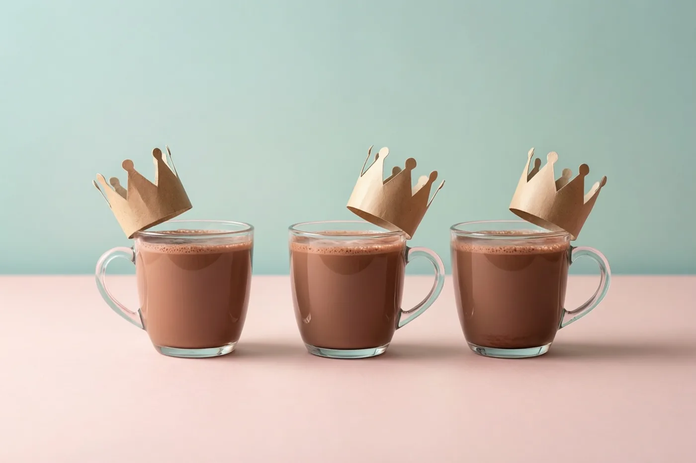Drie glazen mokken met warme chocolademelk staan op een rij op een roze oppervlak tegen een lichtblauwe achtergrond, elk met een papieren kroontje tegen de rand.