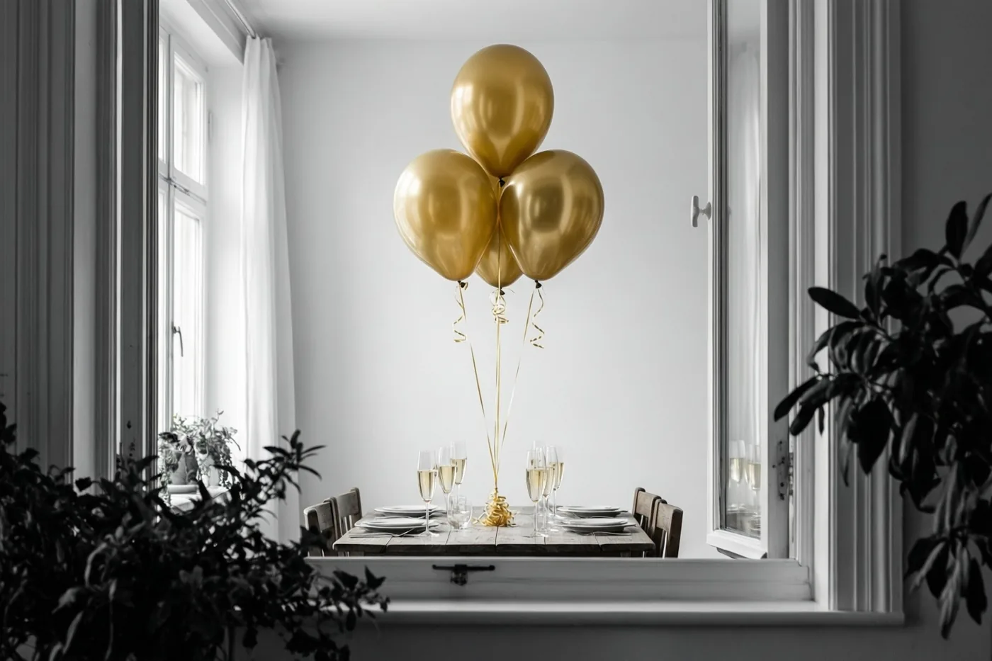 Drie gouden ballonnen zweven boven een houten tafel met champagnefluiten in een sober ingerichte witte kamer met ramen en donkergroene planten.