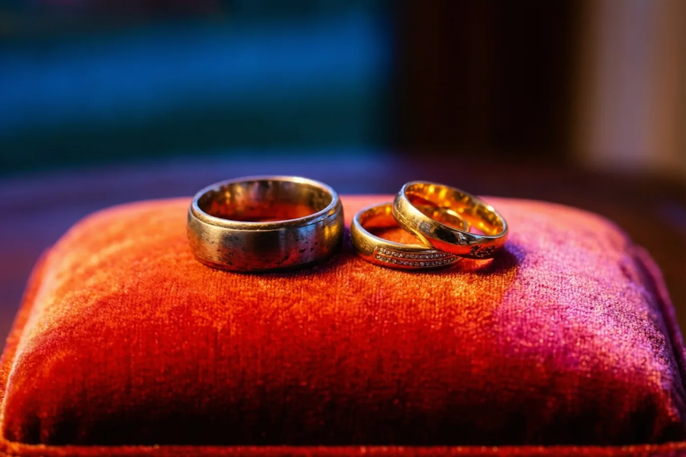 Drie gouden ringen liggen op een rood fluwelen kussen met structuur, waarvan één ring versleten oogt en de andere twee nieuwer en glanzender.