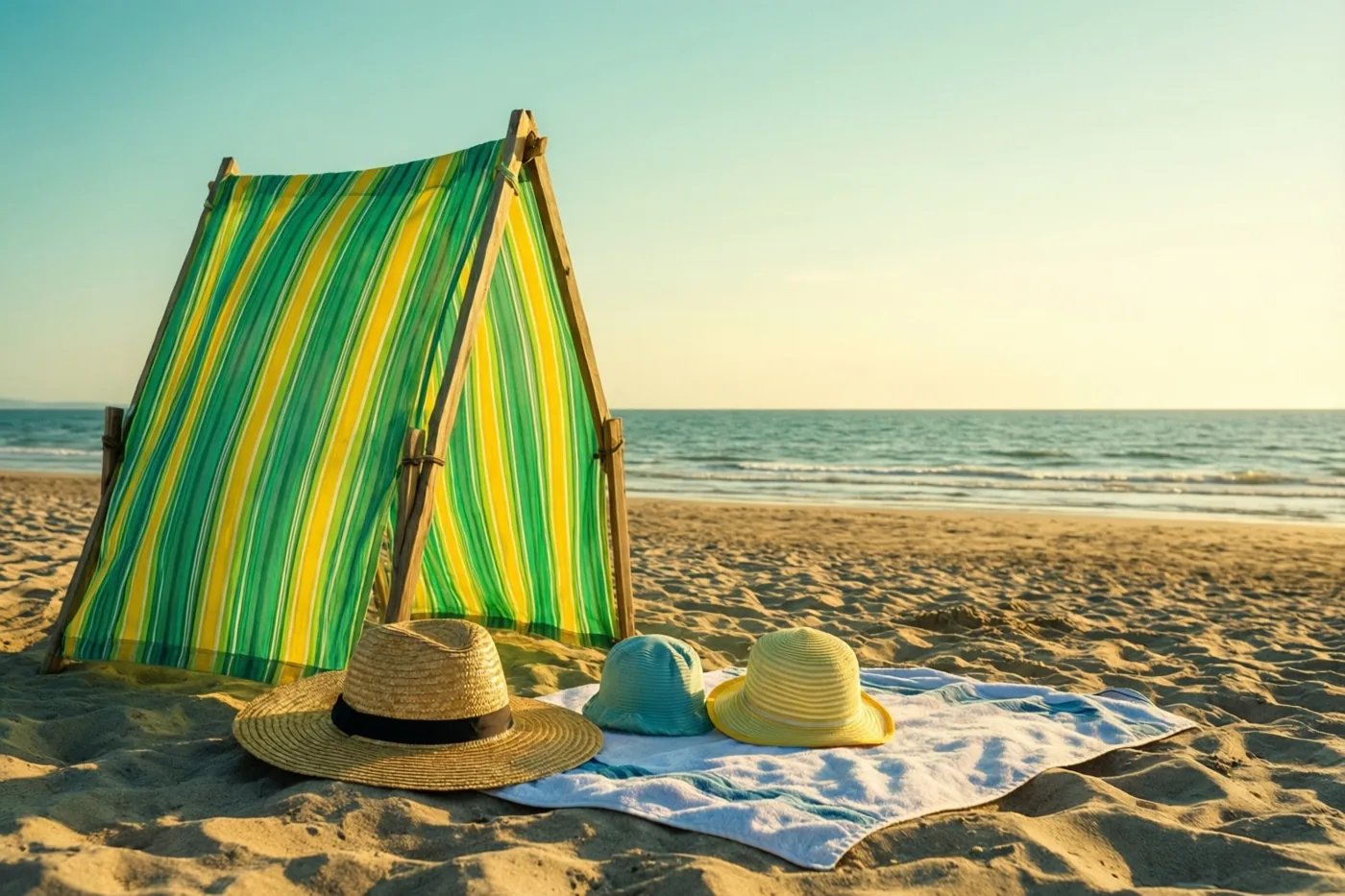 Drie hoeden liggen op een handdoek achter een groen-geel gestreept windscherm op het zand, met de zee onder een helderblauwe lucht.