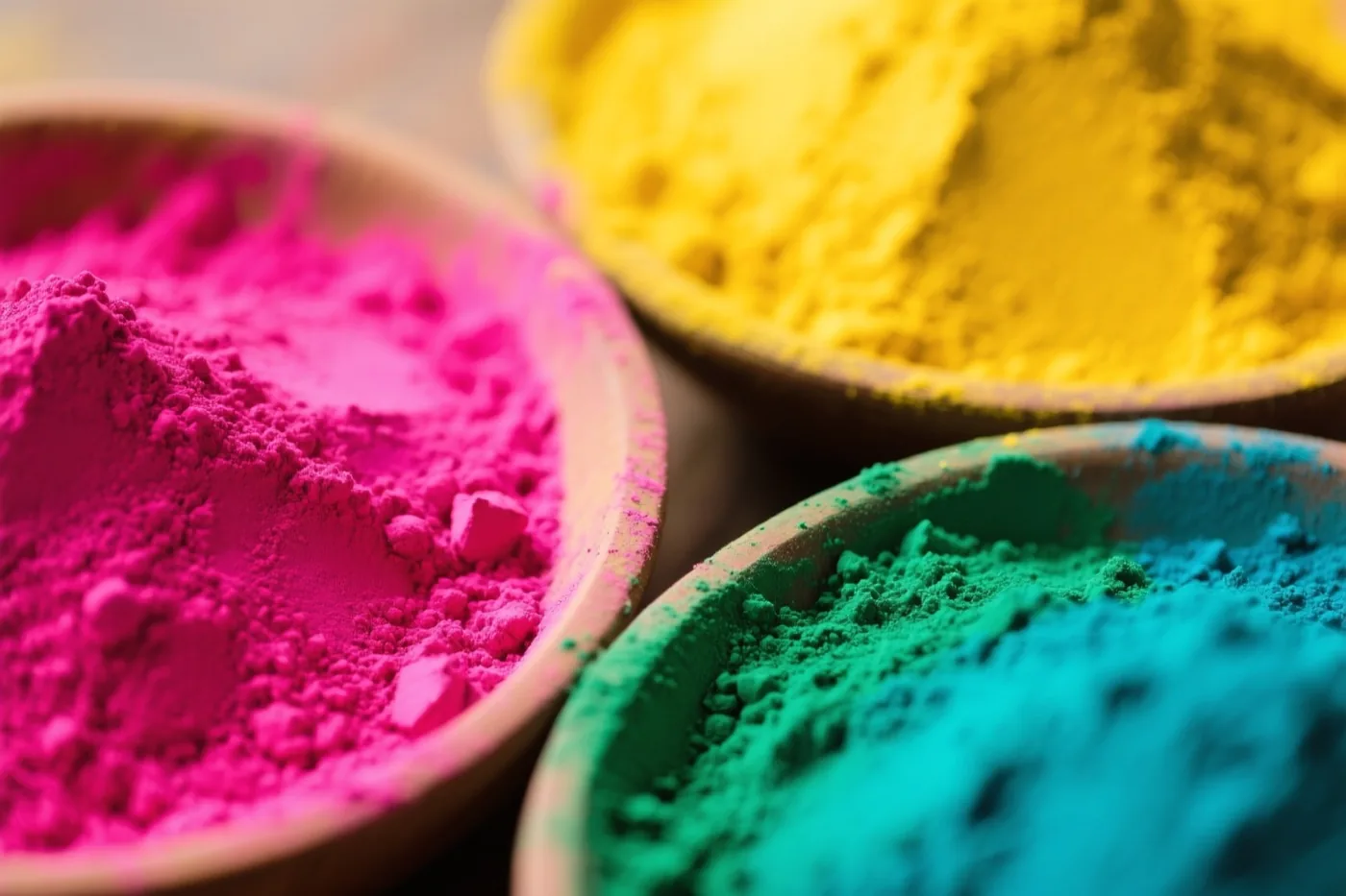 Drie houten kommen met roze, geel en groenblauw poeder staan dicht bij elkaar tegen een zacht vervaagde achtergrond.