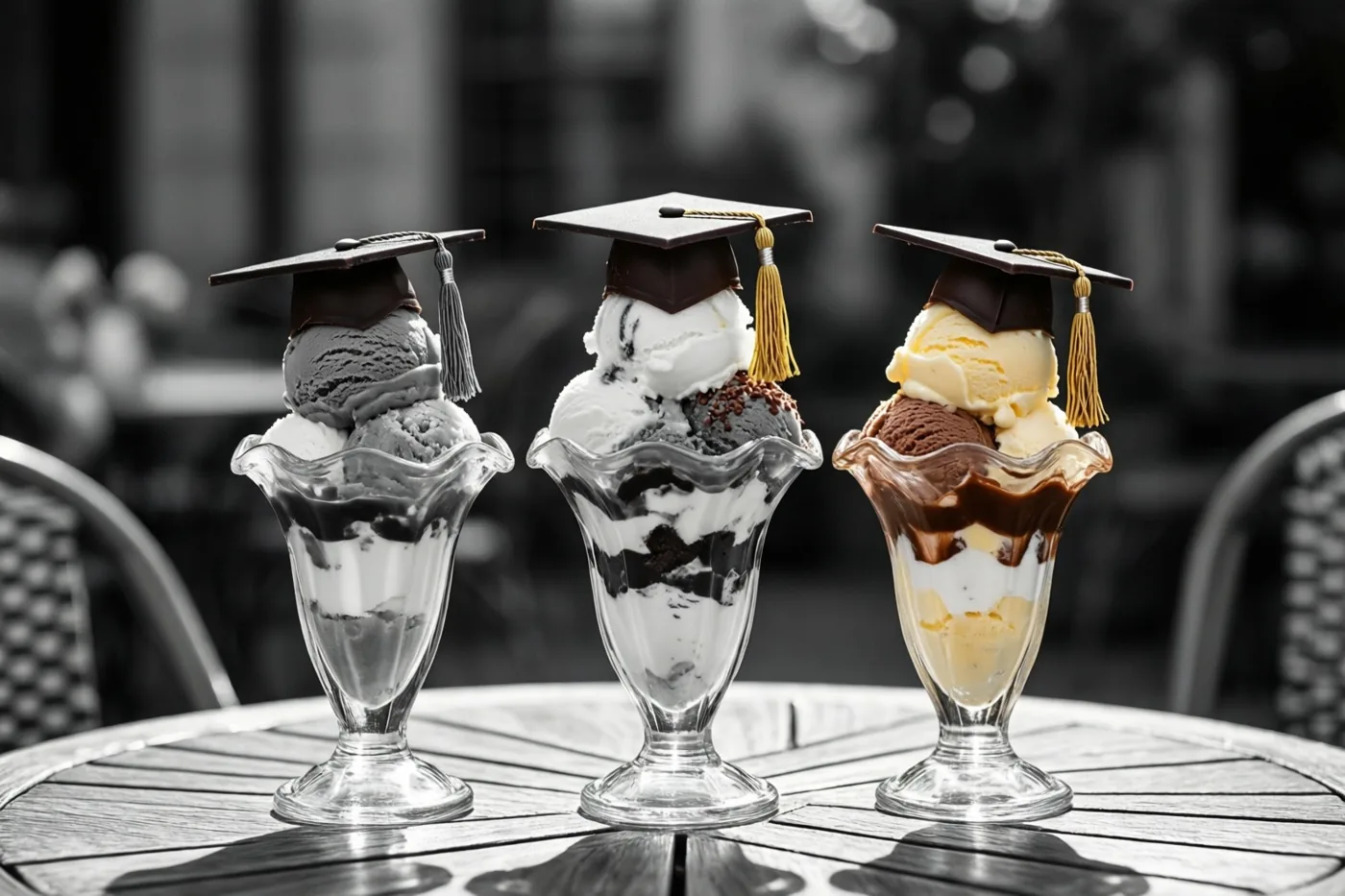Drie ijscoupes in glazen schaaltjes met kleine chocoladeafstudeerhoedjes staan op een houten buitentafel, in zwart-wit met kleur op het ijs en de kwastjes.