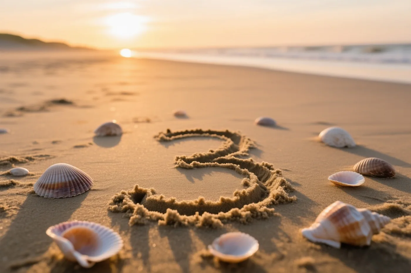 Het cijfer 3 is in het strandzand getekend tussen schelpen, met warm gouden zonsondergangslicht en een wazige zee en horizon op de achtergrond.