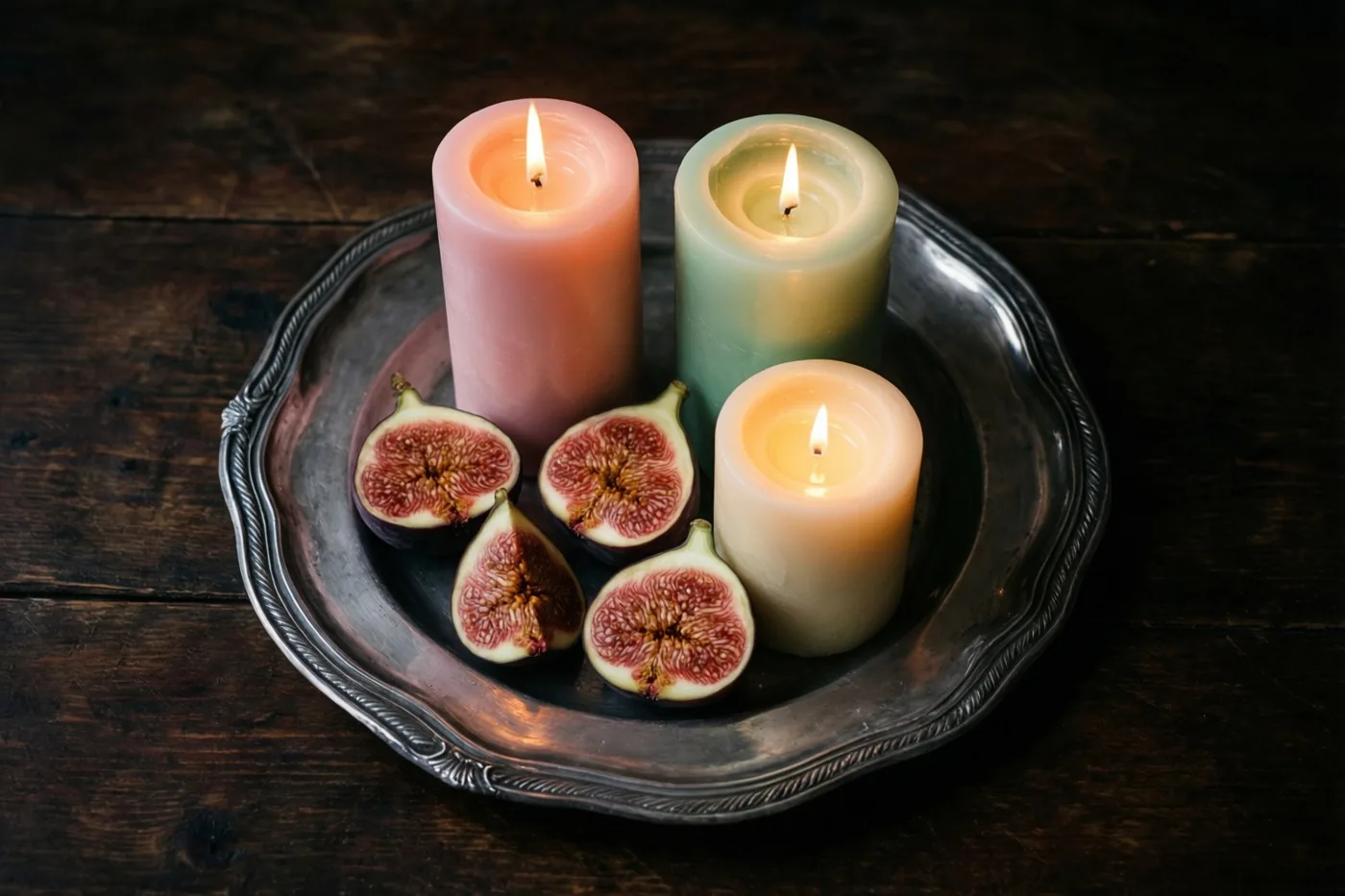 Drie brandende dinerkaarsen in roze, groen en crème staan bij vier gehalveerde verse vijgen op een tinnen bord op een donkere houten tafel.