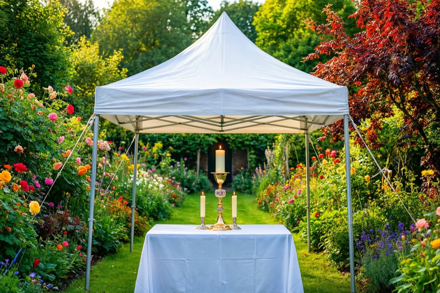 Onder een witte feesttent staat een wit gedekte tafel met drie brandende kaarsen in een zonnige tuin vol kleurrijke bloemen en bomen.