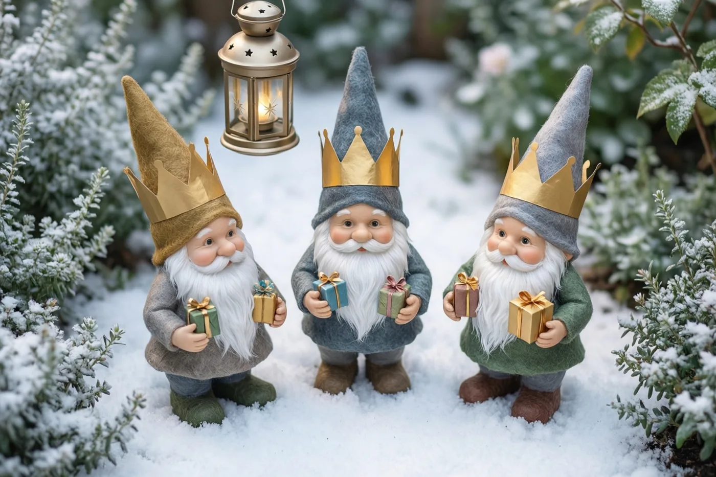 Drie tuinkabouters met witte baarden, goudkleurige kronen en kleine ingepakte cadeautjes staan in een besneeuwde tuin onder een gloeiende sterlantaarn voor besneeuwd groen.