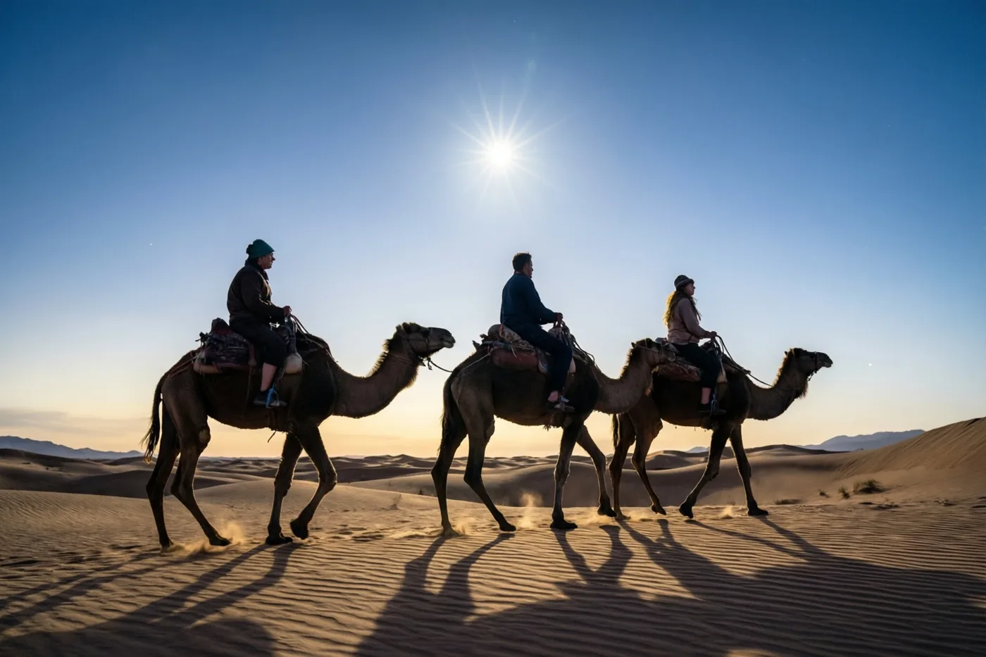 Drie mensen rijden op kamelen over gouden woestijnduinen onder een heldere blauwe hemel met een felle zon en lange schaduwen.