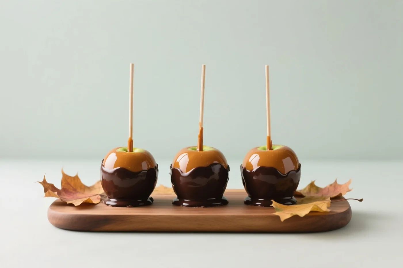 Drie karamelappels op stokjes met pure chocolade staan op een houten plank met herfstbladeren, tegen een lichtgroene achtergrond en op een wit oppervlak.