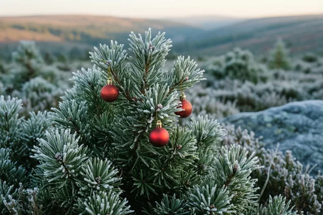 Drie kerstballen tussen de rijp