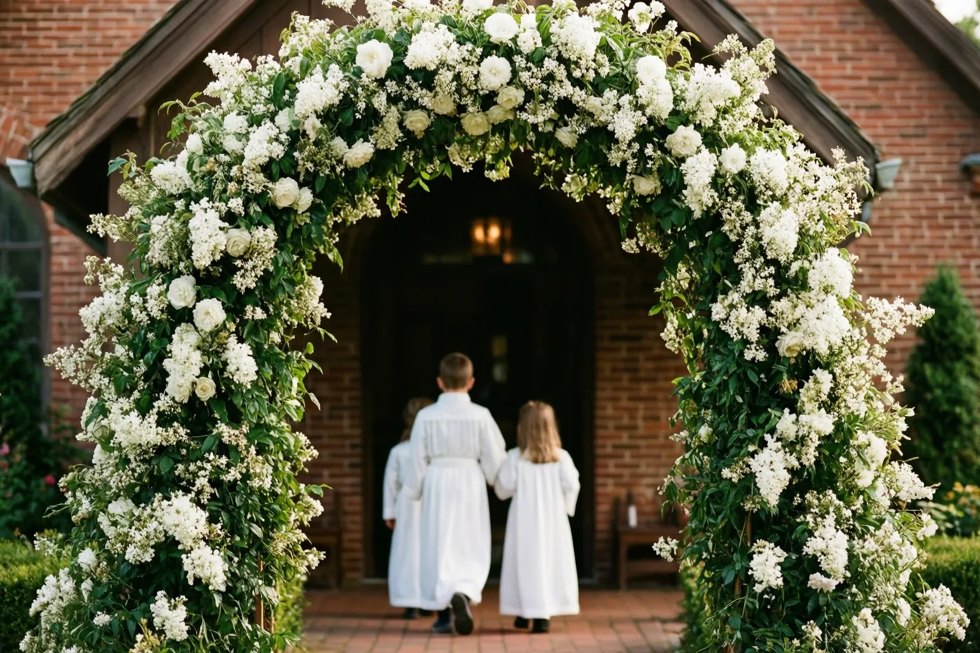 Drie kinderen in witte gewaden lopen onder een weelderige boog van witte bloemen en groen een bakstenen kerk binnen via een bakstenen portaal.