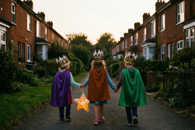 Drie kinderen met papieren kronen en capes lopen hand in hand met een sterlantaarn door een straat met bakstenen rijhuizen in het zachte avondlicht.