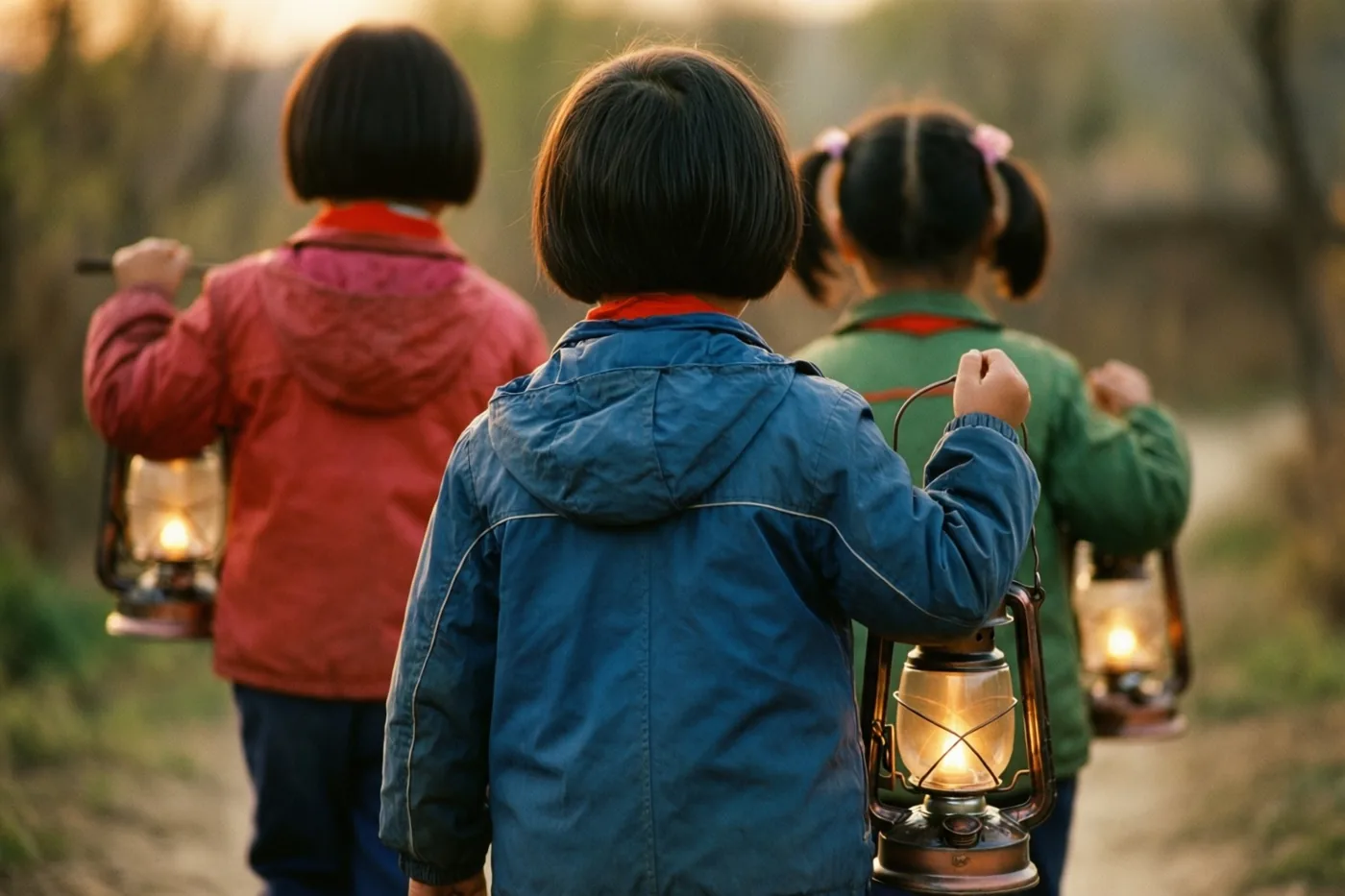 Drie kinderen in rode, blauwe en groene anoraks uit de jaren zeventig lopen met hun rug naar de kijker over een pad en dragen brandende lantaarns in warm licht.