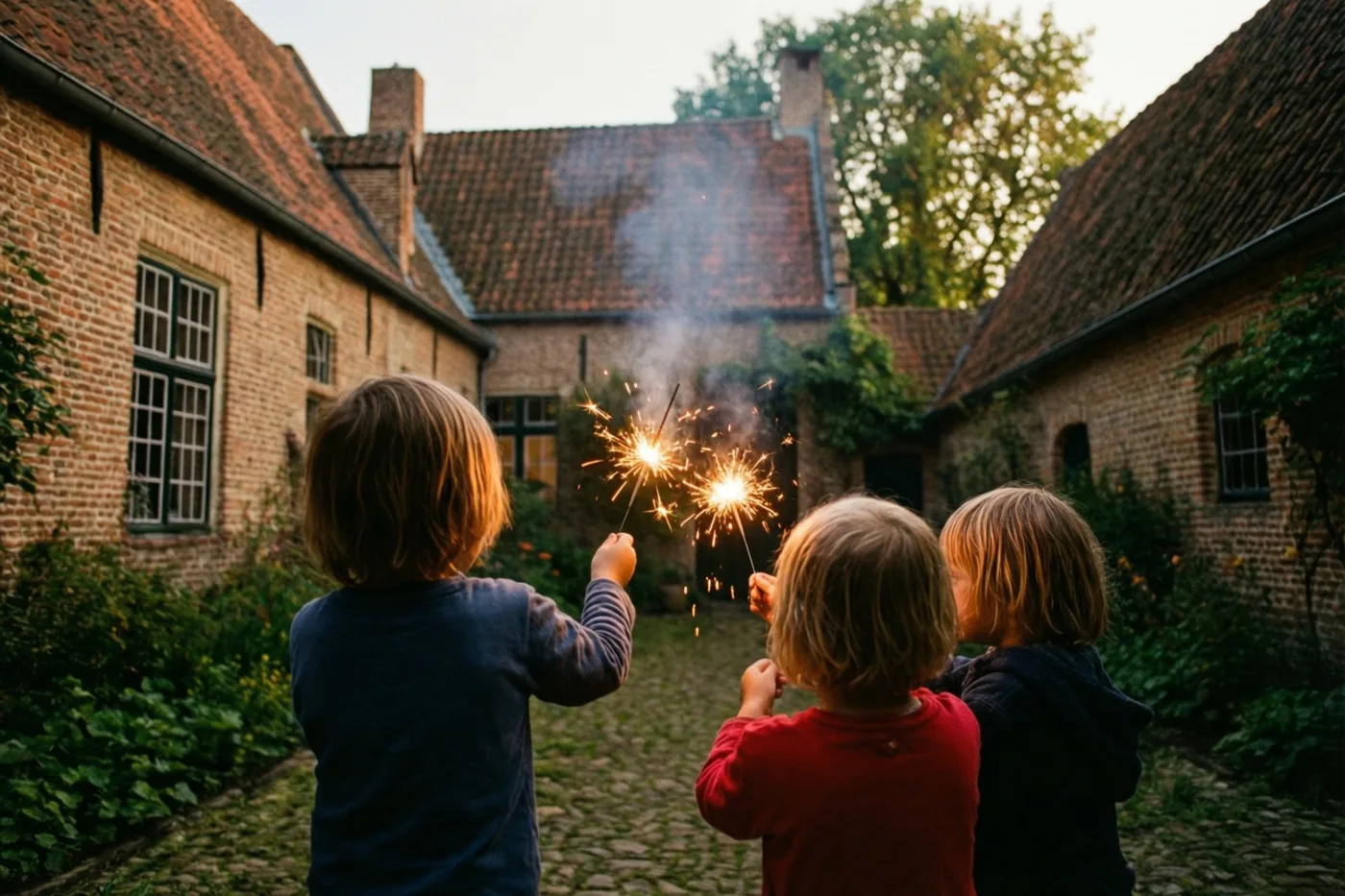 Drie kinderen staan met hun rug naar de camera en houden brandende sterretjes vast op een binnenplaats tussen traditionele bakstenen gebouwen met pannendaken in warm goudkleurig licht.