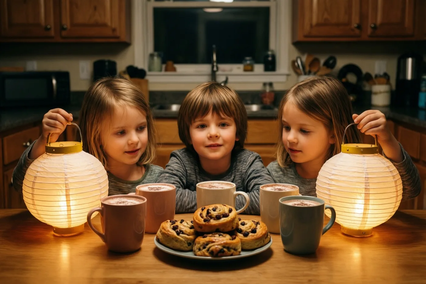 Drie kinderen zitten aan een keukentafel met lichtgevende papieren lantaarns in hun handen, mokken warme chocolademelk en een bord rozijnenbroodjes, met houten keukenkasten op de achtergrond.