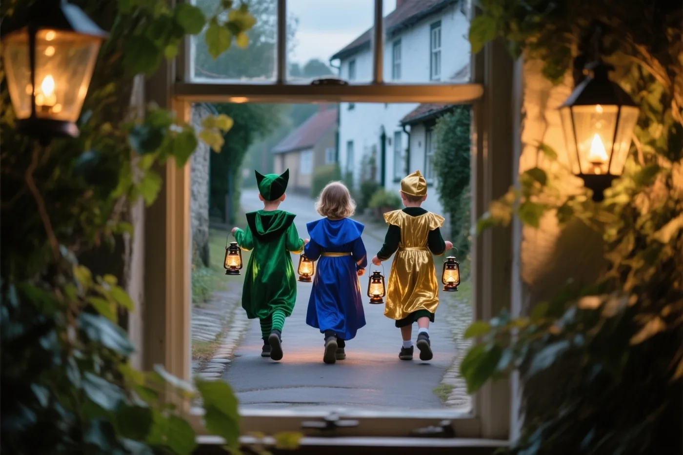 Door een raam met brandende lantaarns aan weerszijden zijn drie verklede kinderen te zien die met elk een brandende lantaarn een dorpsstraat in de schemering aflopen.