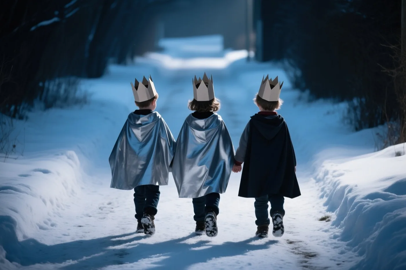 Drie kinderen met papieren kronen en capes lopen van achteren gezien over een besneeuwd laantje in koele blauwe en witte tinten.