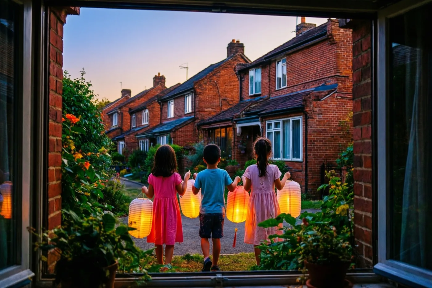 Door een raam zijn drie kinderen van achteren te zien die bij schemering met lichtgevende papieren lampionnen door een straat met rode bakstenen rijhuizen en groen lopen.