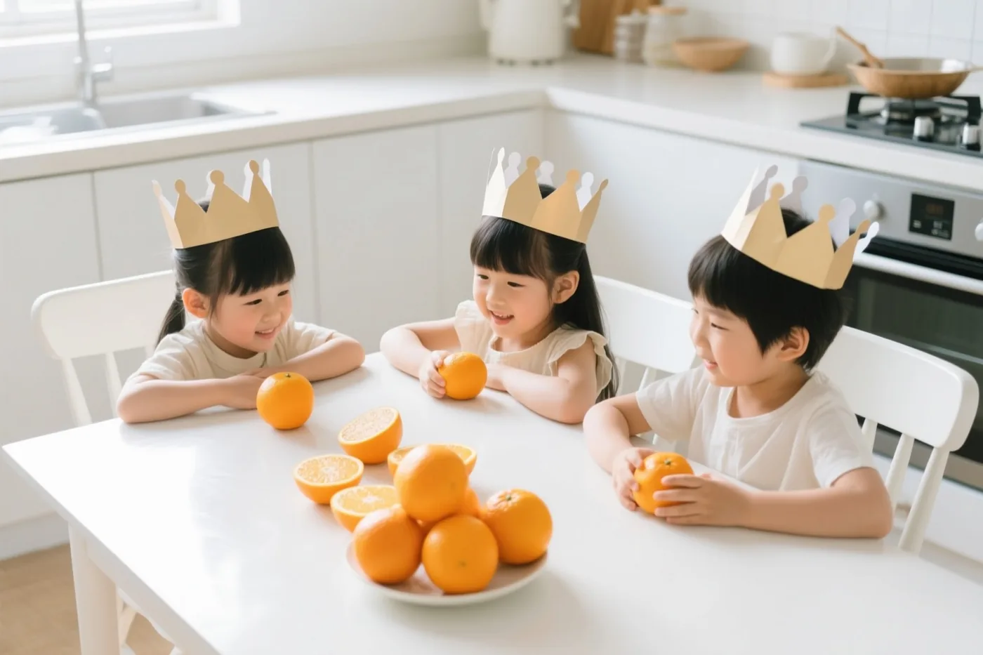 Drie kinderen met papieren kronen zitten aan een witte keukentafel en houden elk een sinaasappel vast, met witte kasten en natuurlijk licht op de achtergrond.