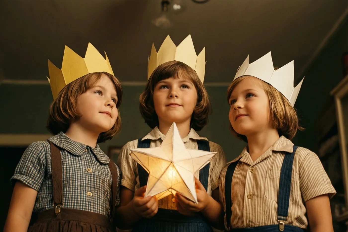 Drie kinderen met papieren kronen staan binnen samen met een lichtgevende sterlantaarn in hun handen, in warm licht en gedempte kleuren.