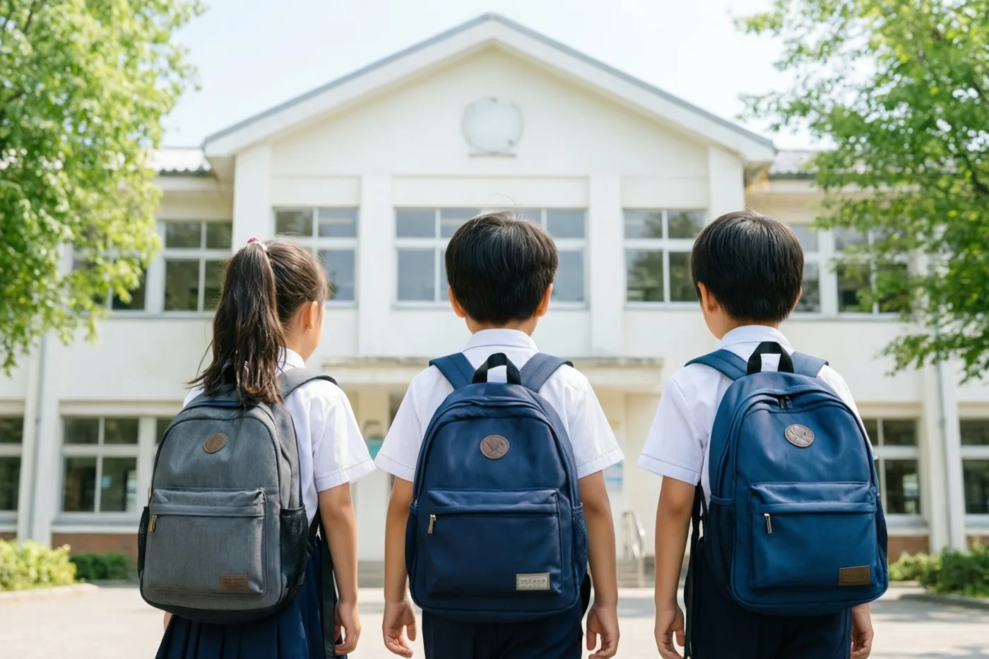 Drie kinderen in schooluniform met rugzakken lopen, van achteren gezien, naar een wit schoolgebouw tussen groene bomen in helder zonlicht.