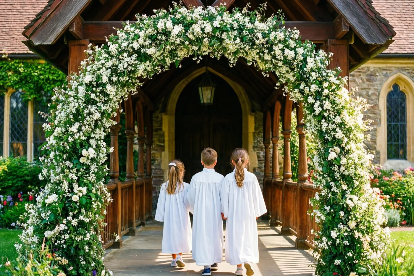 Drie kinderen in witte gewaden lopen van de kijker weg onder een houten portaalboog met witte bloemen in een stenen kerk met glasramen en fel zonlicht.