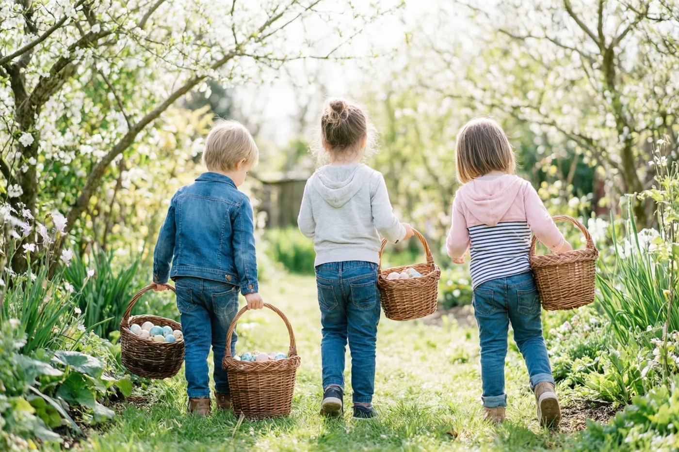 Drie kinderen lopen van achteren gezien met rieten mandjes gekleurde eieren door een zonnige tuin onder witbloeiende bomen.