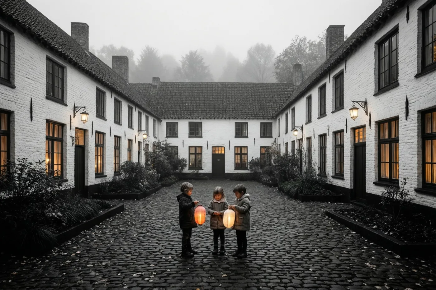 Drie kinderen staan elk met een lichtgevende papieren lampion op een mistig binnenplein tussen witgekalkte huizen, waar raamlicht en lampionnen oplichten boven de koele kasseien.
