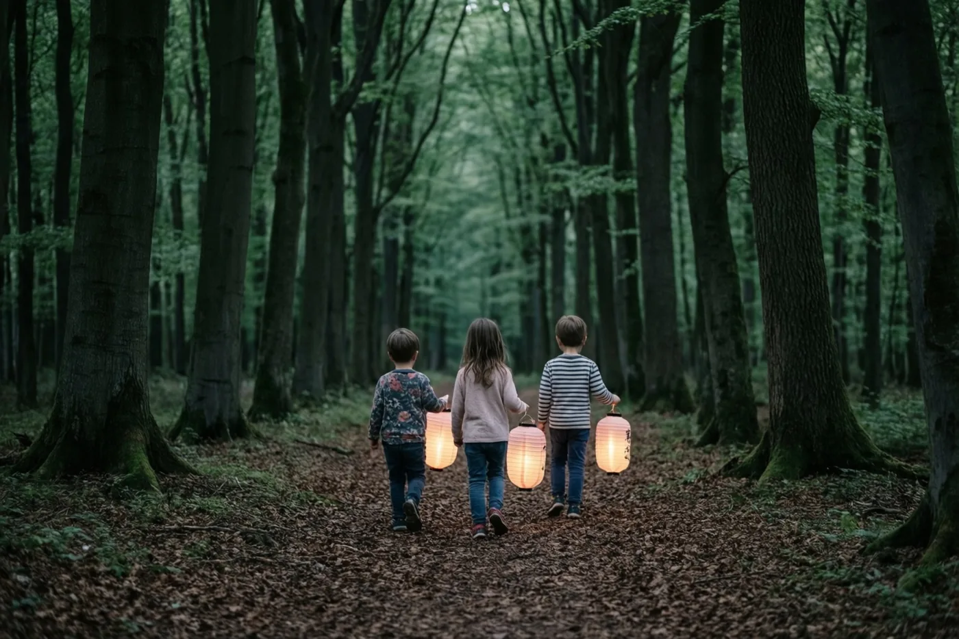 Drie kinderen lopen van de kijker weg over een pad in een donker beukenbos, elk met een brandende papieren lantaarn tussen bemoste stammen en gevallen bladeren.