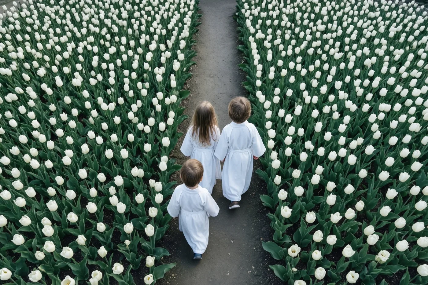 Drie kinderen in witte gewaden lopen van de camera weg over een pad tussen rijen bloeiende witte tulpen met groene bladeren.