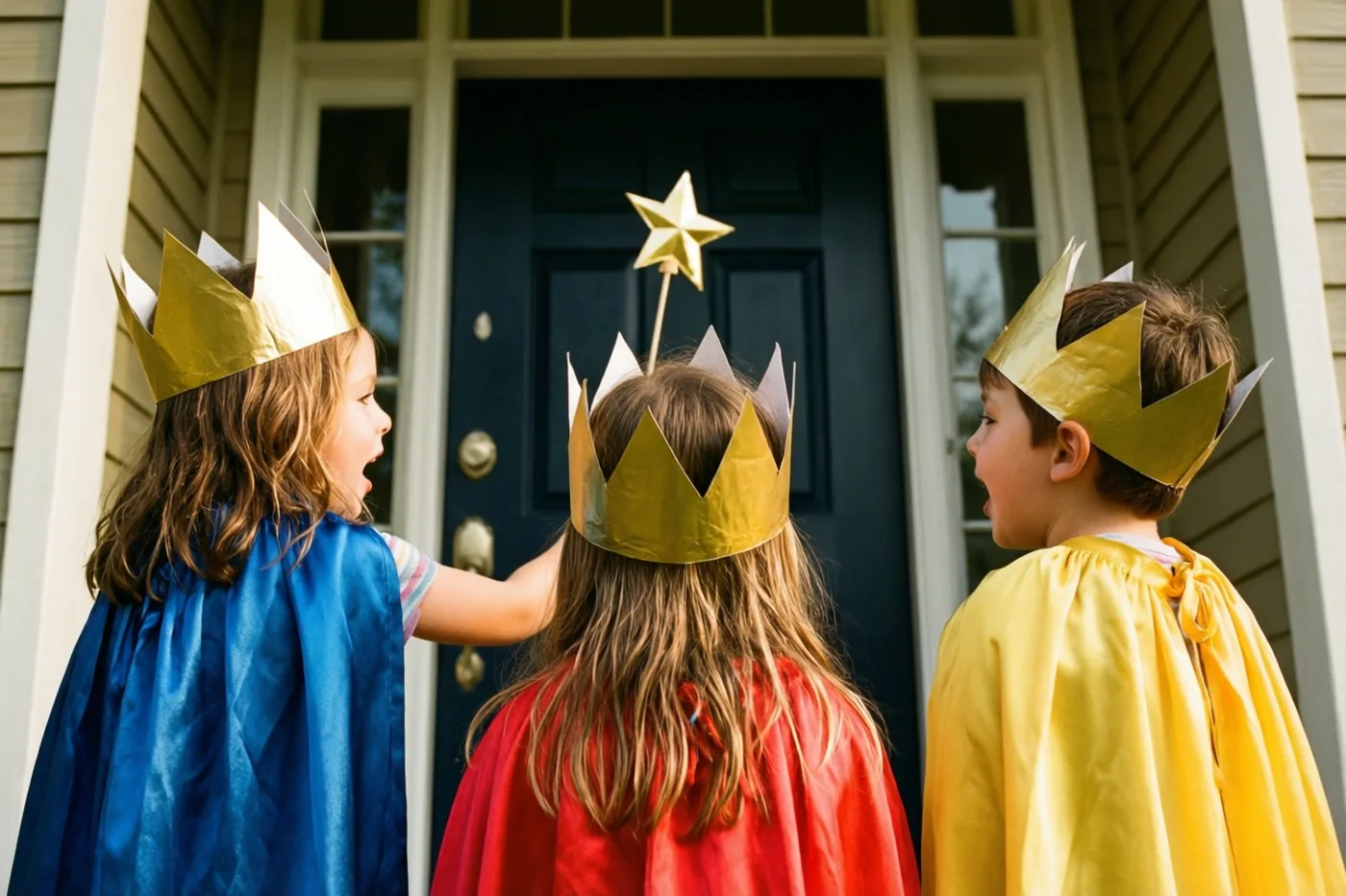 Drie kinderen met papieren kronen en kleurrijke capes staan van achteren gezien buiten op een stoep voor een donkere voordeur.