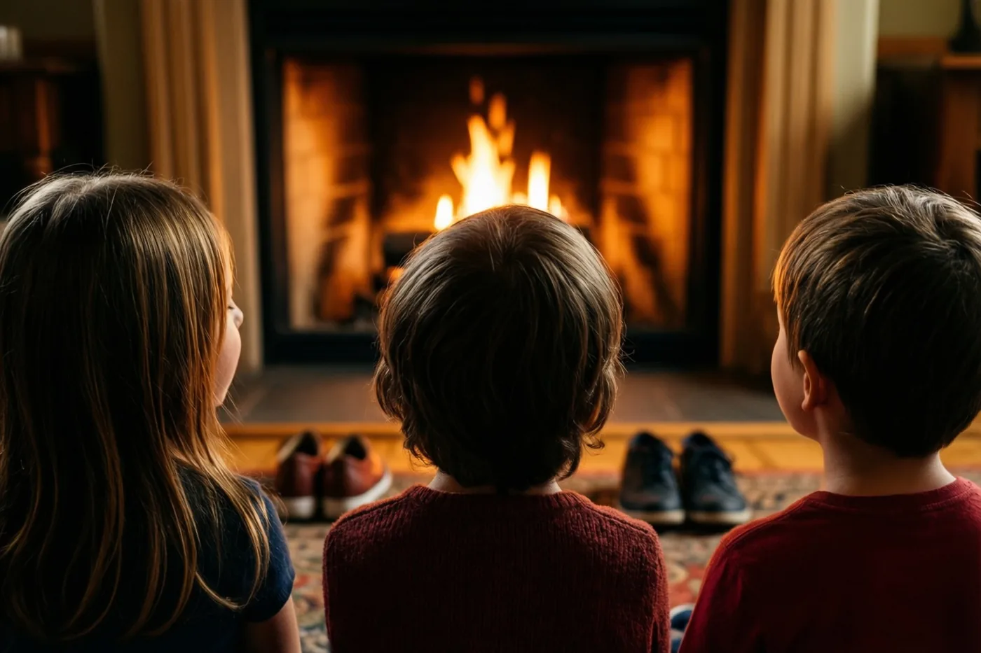 Drie kinderen in rode en blauwe kleren zitten met hun rug naar de camera op een tapijt en kijken naar een brandende haard.