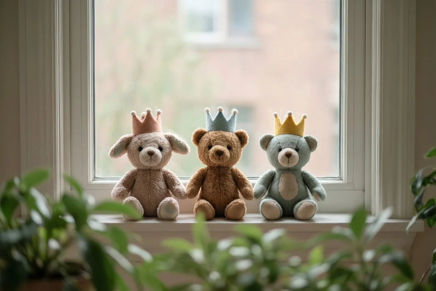 Drie knuffeldieren met elk een vilten kroon zitten op een rij op een vensterbank, in zacht daglicht met gedempte beige, bruine en lichtblauwe tinten.
