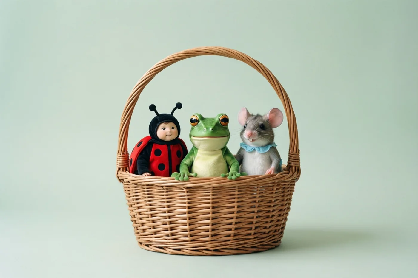 Drie pluchen dieren, verkleed als lieveheersbeestje, kikker en muis, zitten samen in een rieten mand tegen een effen lichtgroene achtergrond.